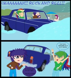 Size: 856x934 | Tagged: safe, artist:garretthegarret, mystery mint, rainbow dash, rarity, equestria girls, background human, car, comic, human coloration, rainbow dumb, rolls-royce, rolls-royce silver shadow, speech bubble, swimming pool, water