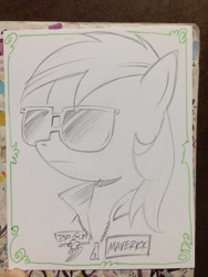 Size: 768x1024 | Tagged: safe, artist:andypriceart, rainbow dash, pegasus, pony, maverick, solo, sunglasses, top gun, traditional art