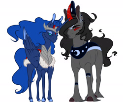 Size: 2117x1756 | Tagged: safe, artist:luna dave, king sombra, princess luna, alicorn, pony, unicorn, accessory swap, female, jewelry, lumbra, male, mare, no pupils, red eyes, regalia, shipping, stallion, straight