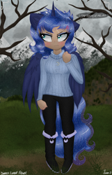 Size: 2250x3500 | Tagged: safe, artist:darkest-lunar-flower, princess luna, alicorn, human, annoyed, blushing, boots, clothes, cross-popping veins, horn, horned humanization, humanized, jewelry, necklace, pony ears, shoes, solo, sweater, tailed humanization, turtleneck, winged humanization, wings