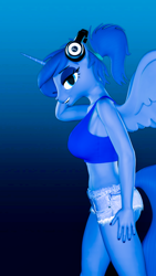 Size: 2160x3840 | Tagged: safe, artist:helioseusebio, princess luna, anthro, 3d, alternate hairstyle, breasts, clothes, daisy dukes, eyeshadow, female, gamer luna, gradient background, lidded eyes, makeup, midriff, ponytail, princess balloona, scrunchie, shorts, solo, source filmmaker, sports bra