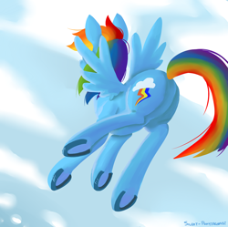 Size: 1000x996 | Tagged: safe, artist:silent ponytagonist, rainbow dash, pegasus, pony, behind, flying, horseshoes, pixiv, plot, sky, solo