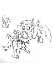 Size: 857x1026 | Tagged: safe, artist:bylisboa, rainbow dash, spike, twilight sparkle, dragon, pegasus, pony, bandage, crutches, injured, monochrome, sketch, wings