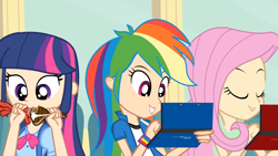 Size: 1920x1080 | Tagged: safe, artist:tiarawhy, fluttershy, rainbow dash, twilight sparkle, equestria girls, 3ds, animated at source, bacon, eating, food, humanized, meat, nintendo, pokémon, steak, youtube link