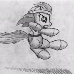 Size: 2444x2414 | Tagged: safe, artist:drawponies, rainbow dash, pegasus, pony, black belt, clothes, female, gi, grayscale, headband, karate, mare, monochrome, open mouth, solo, traditional art