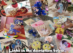 Size: 4008x2948 | Tagged: safe, artist:raspberrystudios, ocellus, princess flurry heart, princess luna, alicorn, changeling, kirin, pikachu, pony, acrylic plastic, avocato (final space), charms, eevee, etsy, final space, food, keychain, luna petting goose, mooncake, pokémon, spyro the dragon