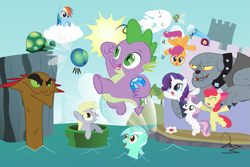 Size: 1689x1130 | Tagged: safe, artist:davuuwart, angel bunny, apple bloom, fido, lyra heartstrings, rainbow dash, rarity, scootaloo, spike, sweetie belle, tank, diamond dog, dragon, hydra, parasprite, pegasus, pony, unicorn, crossover, cutie mark crusaders, gem, multiple heads, nintendo, parody, style emulation, super mario bros., warp pipe