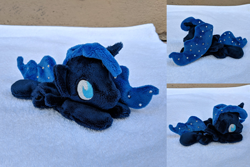 Size: 2382x1588 | Tagged: safe, artist:plushbyanto, princess luna, alicorn, pony, beanie (plushie), chibi, ethereal mane, female, horn, irl, lying down, mare, minky, no mouth, no nostrils, no pupils, photo, plushie, profile, prone, solo, sploot, starry mane, toy, wings