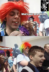 Size: 640x940 | Tagged: safe, artist:tomjmoss, rainbow dash, human, brony, clothes, cosplay, costume, irl, irl human, london mcm expo, photo, text, the man they call ghost, true capitalist radio