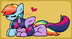 Size: 1205x662 | Tagged: safe, artist:luckyshy, rainbow dash, twilight sparkle, pegasus, pony, blushing, female, heart, lesbian, shipping, twidash, twilight cat