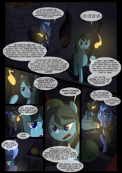 Size: 1240x1754 | Tagged: safe, artist:lunarcakez, princess luna, oc, alicorn, earth pony, pony, comic:the origins of hollow shades, cloak, clothes, comic, male, s1 luna, stallion, torch