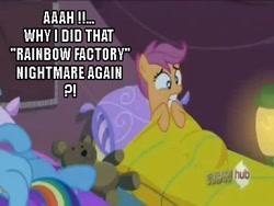 Size: 384x288 | Tagged: safe, rainbow dash, scootaloo, pegasus, pony, fanfic:rainbow factory, bed, engrish, grammar error, hub logo, image macro, nightmare, scared, teddy bear