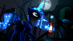 Size: 3840x2160 | Tagged: safe, artist:alicorntwilysparkle, princess luna, alicorn, pony, 3d, 4k, castle of the royal pony sisters, lantern, moon, ruins, solo, source filmmaker, tree