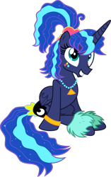 Size: 3883x6165 | Tagged: safe, artist:digimonlover101, princess luna, alicorn, pony, between dark and dawn, 80s, 80s hair, 80s princess luna, absurd resolution, alternate hairstyle, barehoof, cheerful, cute, face paint, female, folded wings, grin, hair accessory, hair dye, horn, jewelry, leg warmers, long horn, looking up, lunabetes, mare, necklace, pearl necklace, ponytail, retro, simple background, sitting, smiling, solo, tail accessory, too cute, transparent background, vector, wings