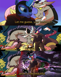 Size: 640x804 | Tagged: safe, idw, cosmos (character), discord, fluttershy, princess luna, alicorn, pegasus, pony, spoiler:comic, exploitable meme, marvel, marvel cinematic universe, meme, thanos