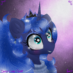 Size: 3000x3000 | Tagged: safe, artist:darkest-lunar-flower, princess luna, alicorn, pony, blushing, clothes, crying, description at source, ear piercing, female, jewelry, mare, piercing, regalia, smiling, solo, starry eyes, sweater, tears of joy, wingding eyes