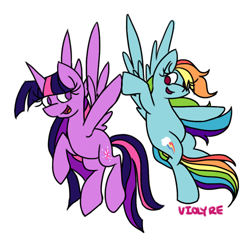 Size: 500x500 | Tagged: safe, rainbow dash, twilight sparkle, twilight sparkle (alicorn), alicorn, pegasus, pony, female, flying, hoofbump, lesbian, mare, shipping, tumblr, twidash