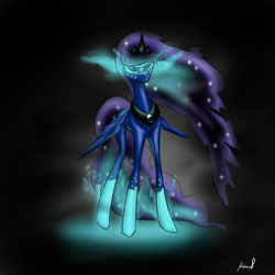 Size: 1440x1440 | Tagged: safe, artist:tracerpainter, princess luna, alicorn, pony, aura, corrupted, ethereal mane, galaxy mane, glowing eyes, power-up, stars