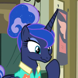 Size: 689x689 | Tagged: safe, screencap, princess luna, alicorn, pony, between dark and dawn, alternate hairstyle, clothes, female, hair bun, shirt, that pony sure does love the post office, wavy mouth