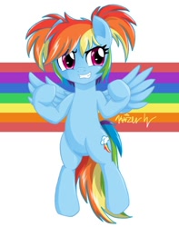 Size: 648x824 | Tagged: safe, artist:kaizenwerx, rainbow dash, pegasus, pony, abstract background, alternate hairstyle, bipedal, female, mare, pigtails, signature, solo