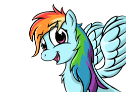 Size: 1900x1400 | Tagged: safe, artist:whiro153, rainbow dash, pegasus, pony, bust, chest fluff, fluffy, looking at you, messy mane, open mouth, portrait, simple background, smiling, solo, spread wings, transparent background