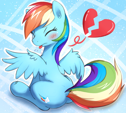 Size: 1060x946 | Tagged: safe, artist:aymint, rainbow dash, pegasus, pony, back, blushing, cute, eyes closed, female, heart, heartbreak, mare, pfft, plot, raspberry, solo, spitting, tongue out, tsunderainbow, tsundere