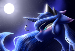 Size: 1798x1232 | Tagged: safe, artist:thefillyfill, princess luna, alicorn, pony, bust, female, floppy ears, full moon, horn, horn jewelry, jewelry, mare, moon, night, portrait, profile, regalia, solo