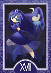 Size: 1200x1728 | Tagged: safe, artist:howxu, princess luna, human, building, clothes, crescent moon, crown, cute, dress, duo, evening gloves, female, gloves, humanized, jester, jewelry, long gloves, lunabetes, moon, night, regalia, smiling, tarot card