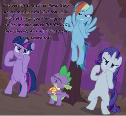 Size: 603x555 | Tagged: safe, rainbow dash, rarity, spike, twilight sparkle, dragon, pegasus, pony, unicorn, boxing, caption, insane pony thread