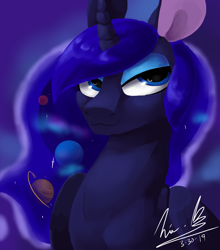 Size: 1280x1457 | Tagged: safe, artist:penpale-heart, princess luna, alicorn, pony, bust, curved horn, ethereal mane, eye reflection, eyeshadow, female, galaxy mane, gradient background, horn, lidded eyes, makeup, mare, missing accessory, planet, reflection, smiling, solo, starry mane