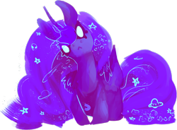 Size: 1052x773 | Tagged: safe, artist:voidsucre, princess luna, alicorn, pony, ethereal mane, eye clipping through hair, female, frown, glowing eyes, head tilt, mare, missing accessory, peytral, prone, simple background, solo, starry mane, transparent background