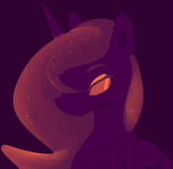 Size: 816x796 | Tagged: safe, artist:voidsucre, edit, princess luna, alicorn, pony, cropped, ethereal mane, eyeshadow, female, hair over one eye, lidded eyes, limited palette, looking back, makeup, mare, purple background, request, simple background, solo, starry mane