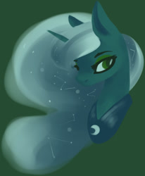 Size: 918x1116 | Tagged: safe, artist:voidsucre, edit, princess luna, alicorn, pony, bust, constellation, cropped, ethereal mane, female, green background, limited palette, looking at you, mare, missing accessory, peytral, request, simple background, solo, starry mane