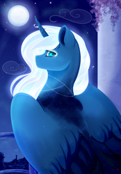 Size: 4800x6900 | Tagged: safe, artist:isorrayi, princess luna, alicorn, pony, bust, cloud, cute, ethereal mane, facing away, female, glowing mane, lunabetes, mare, moon, night, portrait, profile, solo, stars