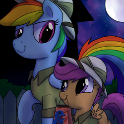 Size: 1000x1000 | Tagged: safe, artist:professor-ponyarity, daring do, rainbow dash, scootaloo, pegasus, pony, bag, clothes, costume, mouth hold, nightmare night, scootalove