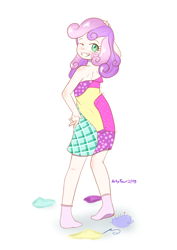 Size: 2480x3507 | Tagged: safe, alternate version, artist:artyfour, sweetie belle, human, bare shoulders, clothes, colored pupils, cute, diasweetes, dress, fabric, female, humanized, looking back, one eye closed, pincushion, pixiv, pose, simple background, smiling, socks, solo, white background, wink