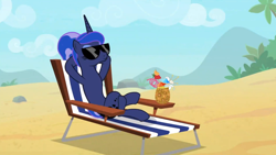 Size: 1910x1076 | Tagged: safe, screencap, princess luna, alicorn, pony, between dark and dawn, beach, day, missing accessory, we don't normally wear clothes