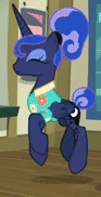 Size: 93x182 | Tagged: safe, screencap, princess luna, alicorn, pony, between dark and dawn, alternate hairstyle, animated, clothes, cropped, cute, dancing, flower shirt, gif, gif for breezies, hair bun, hawaiian shirt, lunabetes, picture for breezies, post office, shirt, solo, tail bun, that pony sure does love the post office, trotting, trotting in place