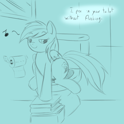 Size: 1000x1000 | Tagged: safe, rainbow dash, pegasus, pony, but why, creepy rainbow dash, evil, female, implied pissing, mare, monochrome, pure unfiltered evil, solo, toilet, toilet paper