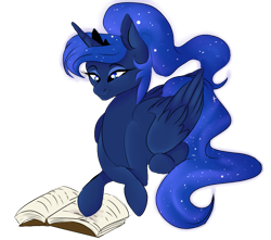 Size: 797x703 | Tagged: safe, artist:citrus-flamingo, princess luna, alicorn, pony, alternate hairstyle, barehoof, beautiful, book, comfortable, crossed hooves, crown, cute, ethereal mane, ethereal tail, eyeshadow, female, flowing mane, flowing tail, folded wings, jewelry, lunabetes, makeup, mare, ponytail, prone, reading, regalia, simple background, smiling, solo, starry mane, transparent background, wings
