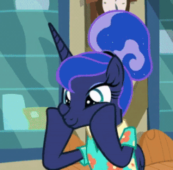 Size: 278x273 | Tagged: safe, screencap, princess luna, alicorn, pony, between dark and dawn, alternate hairstyle, animated, barehoof, cheerful, clock, clothes, cropped, cute, excited, eyeshadow, female, gif, hair bun, hawaiian shirt, hooves on cheeks, indoors, lunabetes, makeup, mare, post office, smiling, solo, squishy cheeks, that pony sure does love the post office, too cute