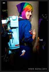 Size: 1389x2048 | Tagged: artist needed, safe, artist:heartlessaquarius, rainbow dash, human, cosplay, crossover, custom, ghostbusters, irl, irl human, photo, proton pack, san diego comic con, solo