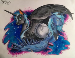 Size: 775x600 | Tagged: safe, artist:snowfairy86, nightmare moon, princess luna, alicorn, pony, duality, female, mare, mare in the moon, moon, s1 luna, signature, traditional art