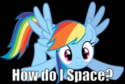 Size: 800x540 | Tagged: safe, rainbow dash, pegasus, pony, blue coat, female, image macro, mare, multicolored mane, solo, this will end in space