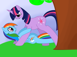 Size: 1024x768 | Tagged: safe, artist:intet22, rainbow dash, twilight sparkle, pegasus, pony, female, lesbian, shipping, tree, twidash