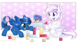 Size: 7000x4000 | Tagged: safe, artist:partylikeanartist, princess luna, oc, oc:glam rock, oc:midnight shadows, alicorn, pegasus, pony, unicorn, absurd resolution, bow, building blocks, commission, concentrating, crinkle, cute, diaper, diaper fetish, fetish, happy, heart eyes, open mouth, plushie, ribbon, smiling, tongue out, underhoof, wingding eyes