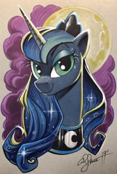 Size: 1376x2048 | Tagged: safe, artist:andypriceart, idw, princess luna, alicorn, pony, spoiler:comic, andy you magnificent bastard, bust, crown, cute, ethereal mane, female, jewelry, lunabetes, mare, marker drawing, moon, portrait, regalia, signature, solo, starry mane, traditional art