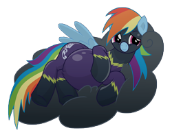 Size: 12000x9600 | Tagged: safe, artist:xniclord789x, rainbow dash, pegasus, pony, absurd resolution, clothes, cloud, female, hooves, horn, looking at you, lying on a cloud, mare, on a cloud, on side, preggo dash, pregnant, shadowbolt dash, shadowbolts, shadowbolts costume, simple background, smiling, solo, tight clothing, transparent background, wings