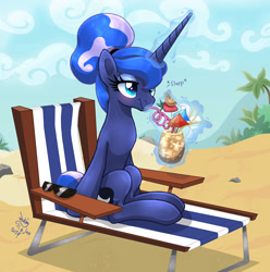 Size: 2392x2413 | Tagged: safe, artist:joakaha, princess luna, alicorn, pony, between dark and dawn, alternate hairstyle, beach, beach chair, cute, drink, drink umbrella, drinking, female, food, lunabetes, magic, mare, palm tree, pineapple, pineapple cup, silly straw, sitting, solo, telekinesis, tree