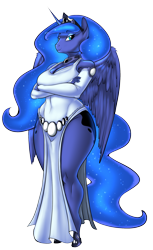 Size: 1402x2289 | Tagged: safe, artist:joenobody, princess luna, alicorn, anthro, unguligrade anthro, big breasts, breasts, cleavage, clothes, crossed arms, crown, dress, ethereal mane, evening gloves, eyeshadow, female, fingerless elbow gloves, fingerless gloves, gloves, jewelry, lidded eyes, long gloves, makeup, necklace, princess balloona, regalia, side slit, simple background, smiling, solo, transparent background, wide hips, wing fluff